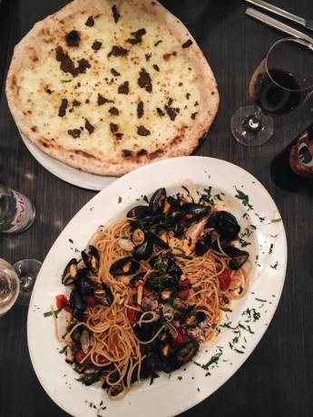 White pizza with black truffles & seafood spaghetti. Both were INCREDIBLE.